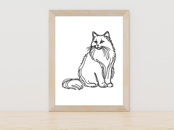 Longhaired Cat One Line Drawing Minimalist Feline Pet Art Poster