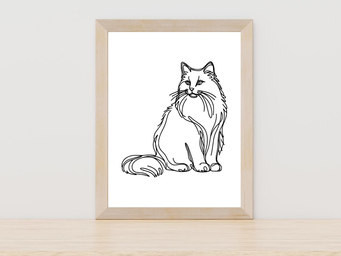 Longhaired Cat One Line Drawing Minimalist Feline Pet Art Poster