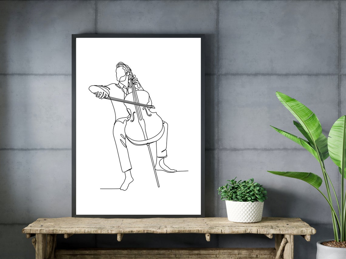 Graceful Cellist Playing Cello with Bow Minimalist Line Art Poster - Image 3