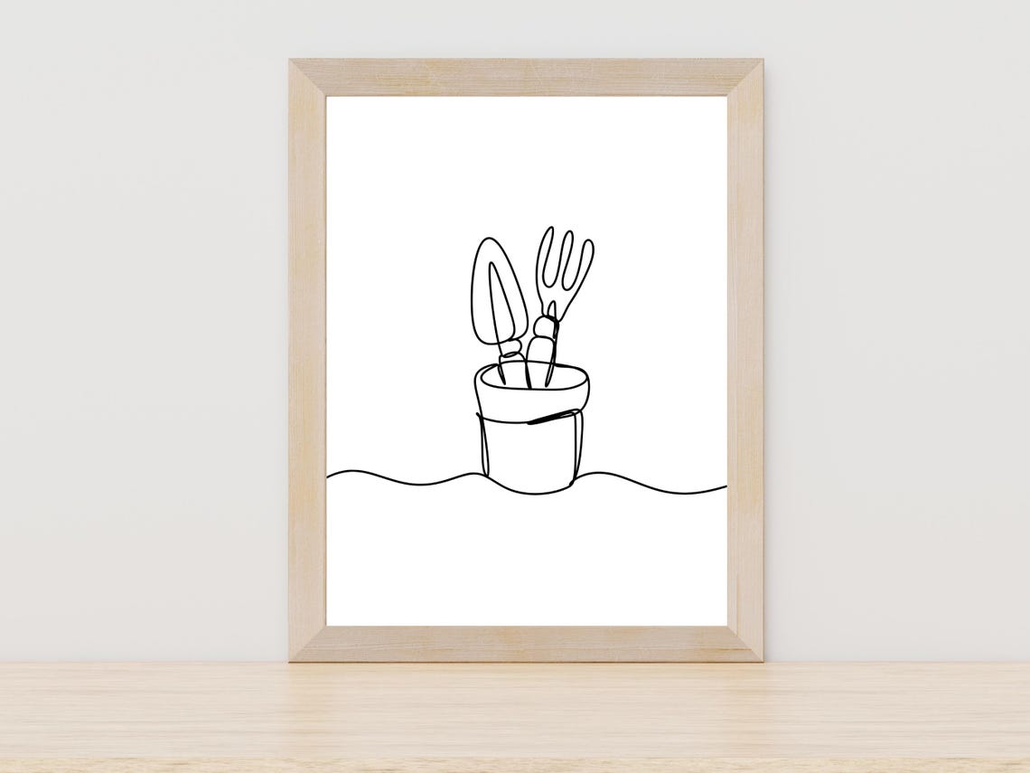 Garden Tools In Flower Pot One Line Drawing Gardening Gift Poster