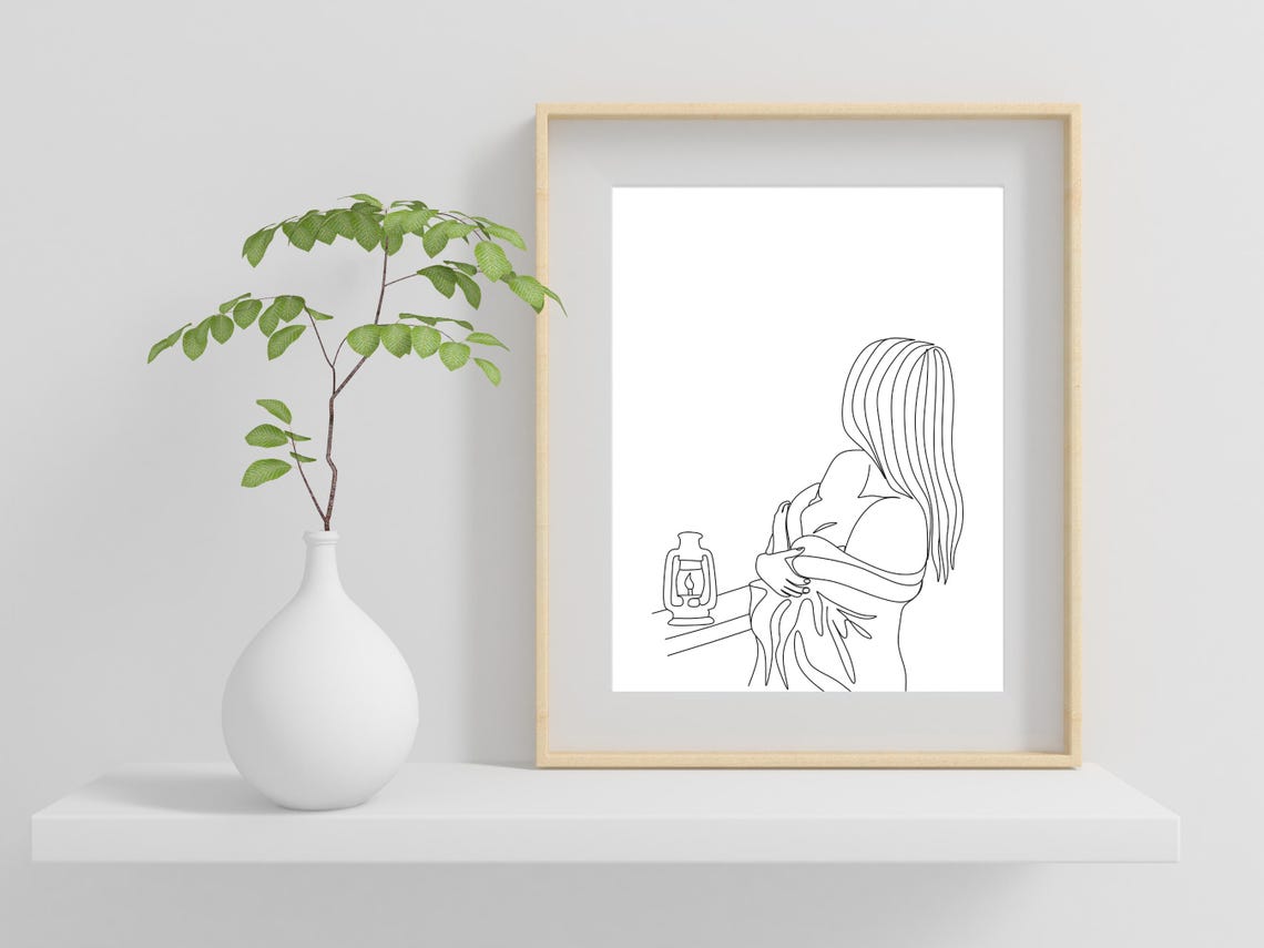 Woman with Lantern Single Line Art Minimalist Cozy Glow Poster - Image 2
