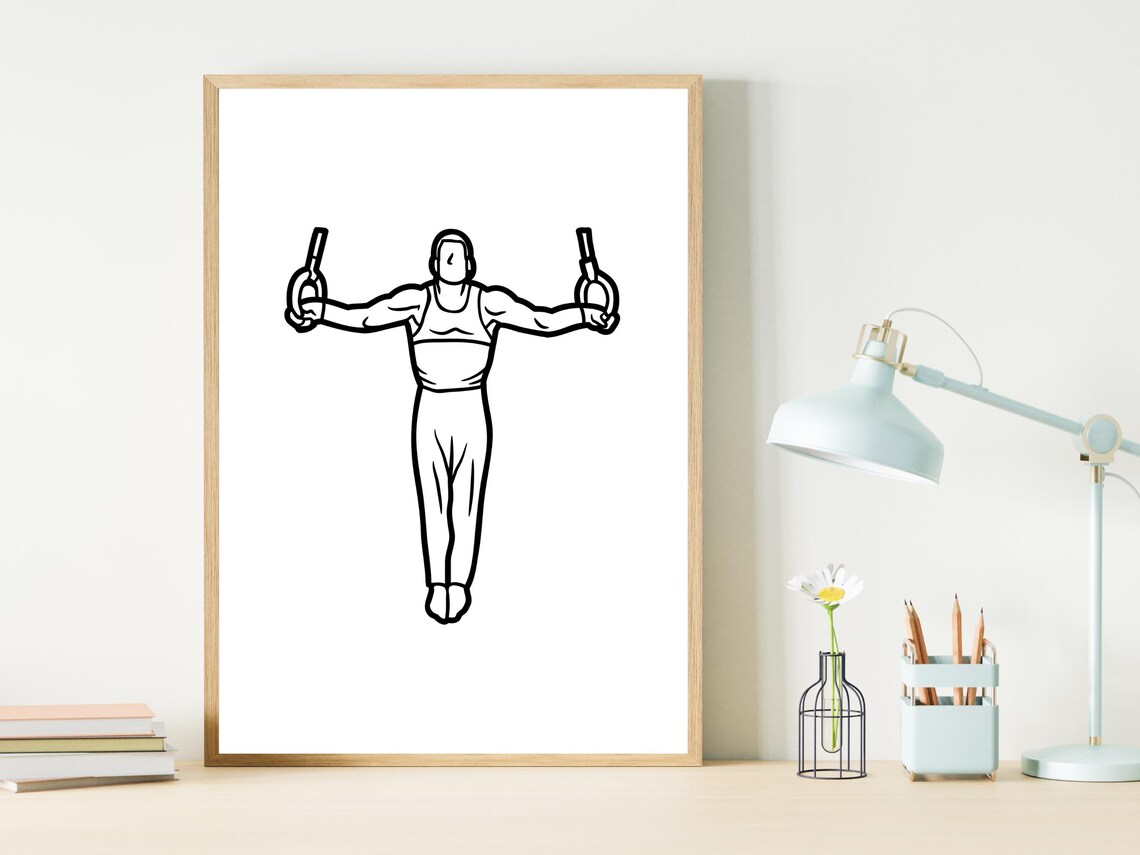 Male Gymnast On Still Rings Line Art Strength Sports Decor Poster - Image 2