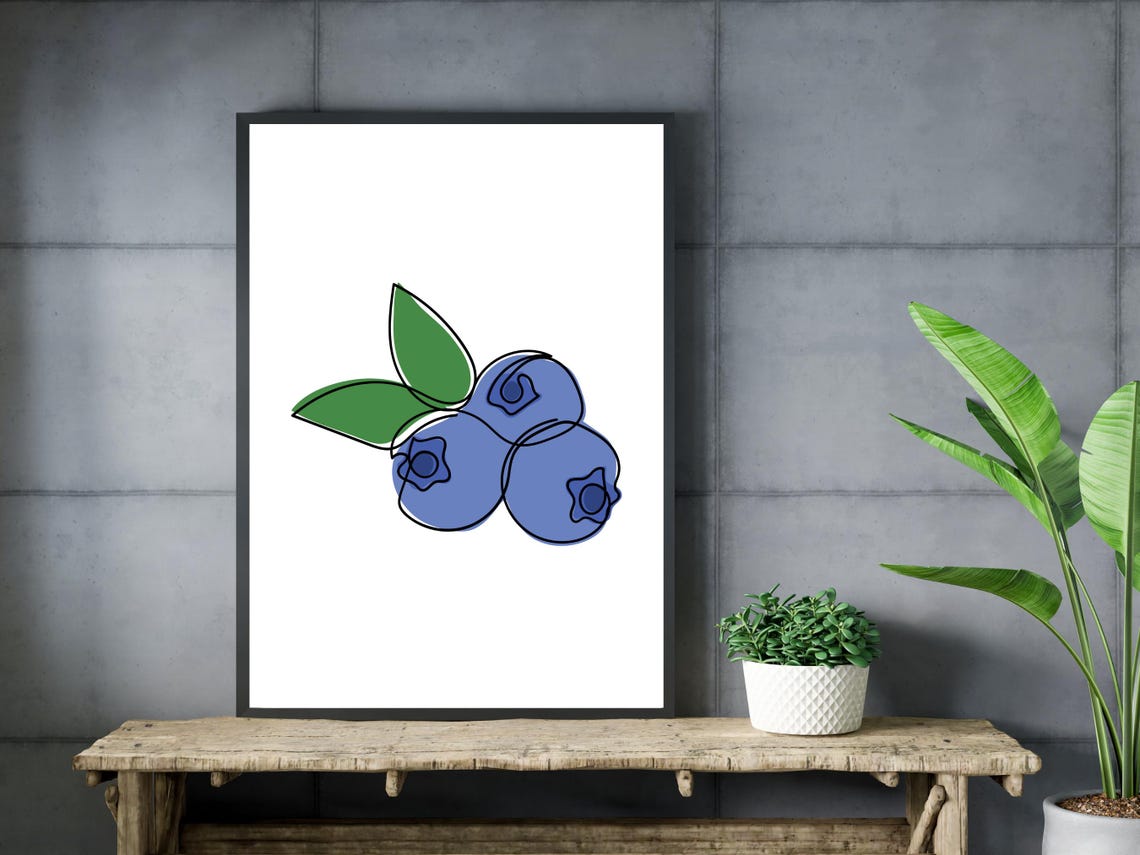 Blueberries Line Drawing Colorful Fruit Kitchen Wall Decor Print - Image 3