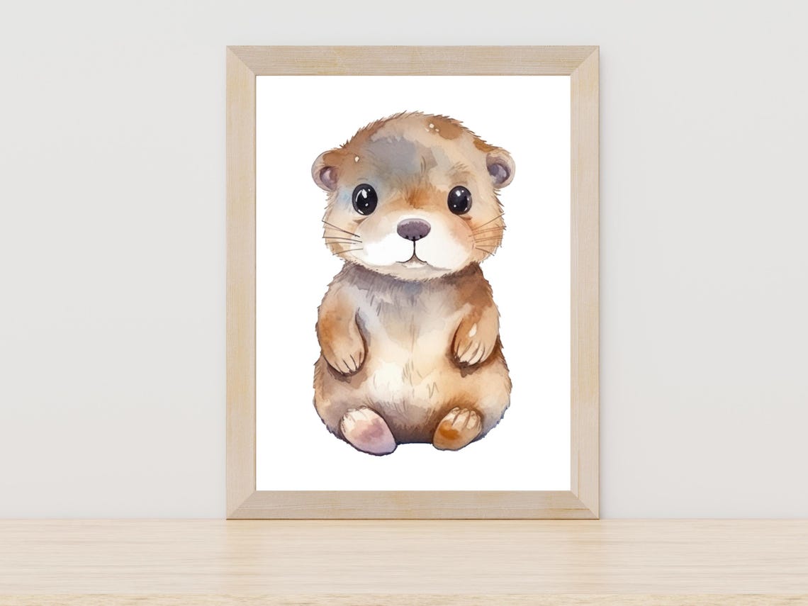 Cute Watercolor Baby Otter Nursery Animal Wall Art Decor Gift