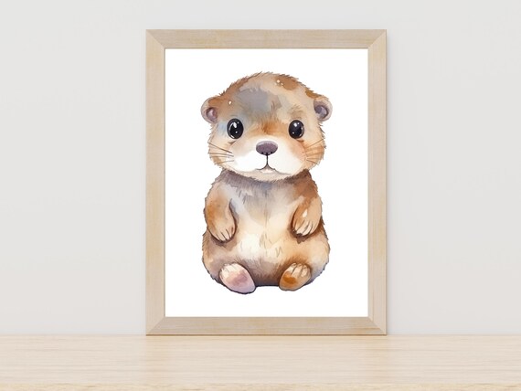 Cute Watercolor Baby Otter Nursery Animal Wall Art Decor Gift