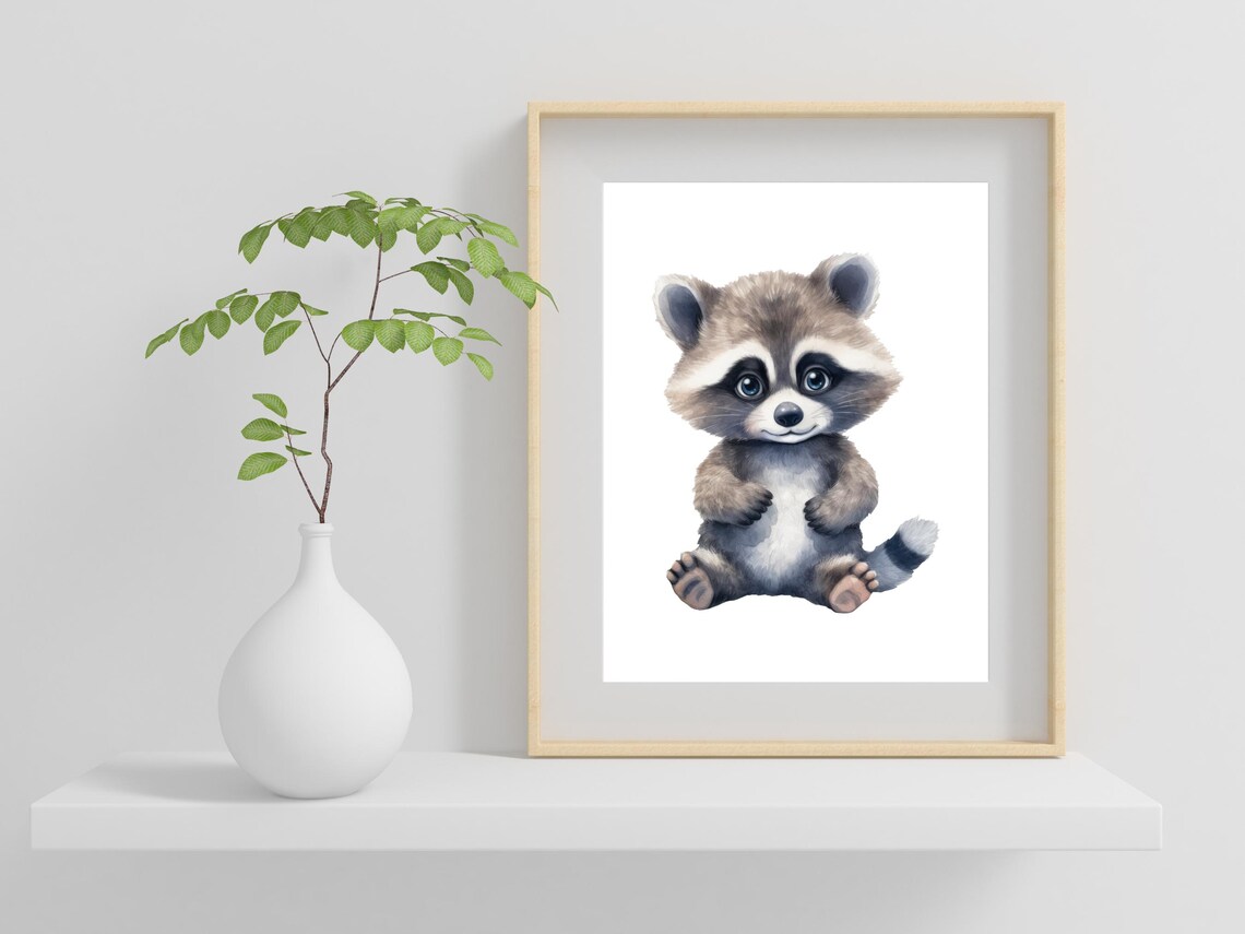Cute Baby Raccoon Watercolor Painting Woodland Animal Wall Art - Image 2