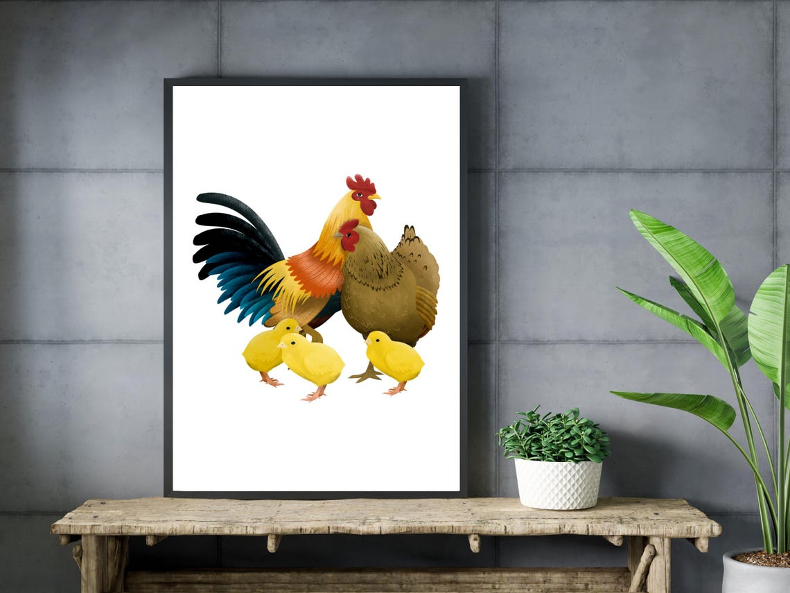 Rooster Hen And Chicks Watercolor Painting Farm Birds Wall Poster - Image 3