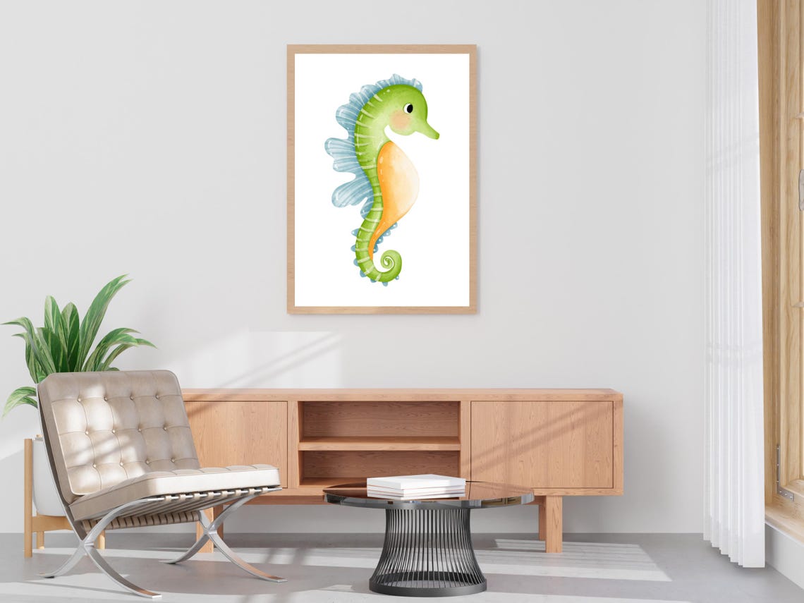 Cute Green Seahorse Watercolor Under the Sea Nursery Art Poster - Image 4