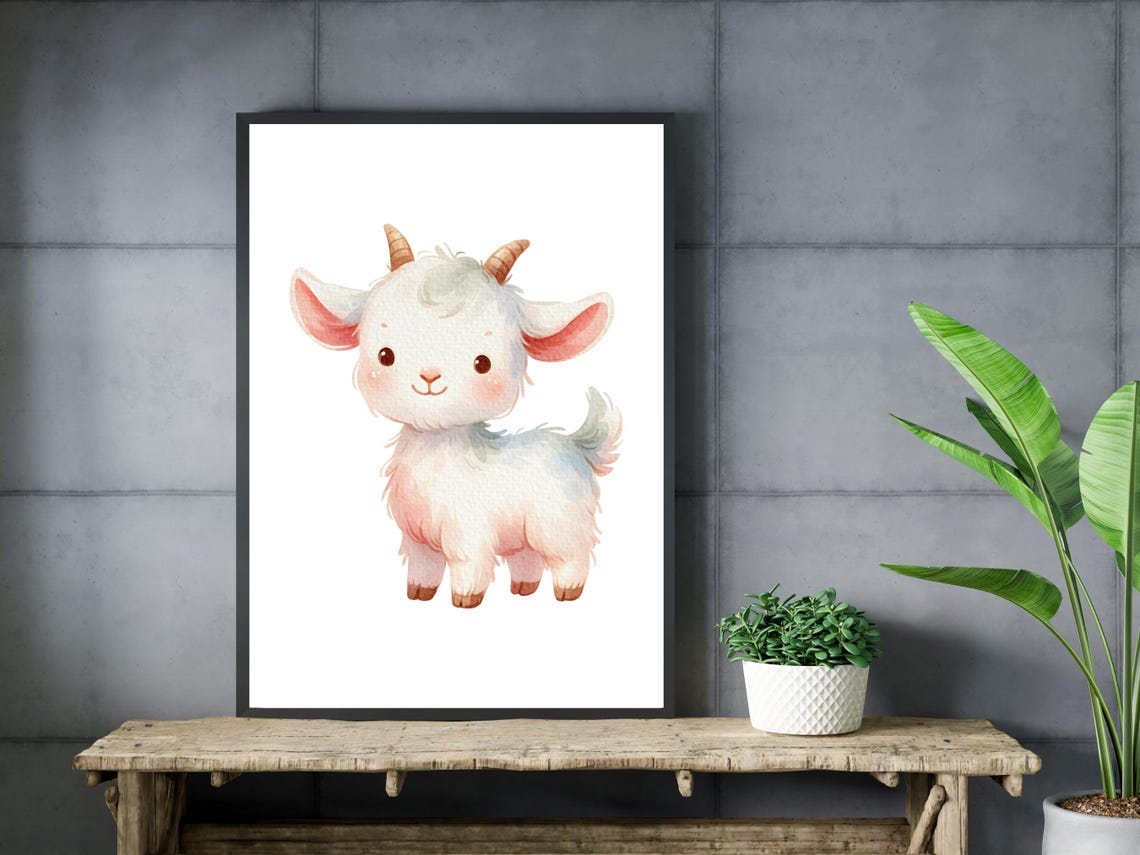 Cute Watercolor Baby Goat Nursery Farm Animal Wall Art Decor Gift - Image 3