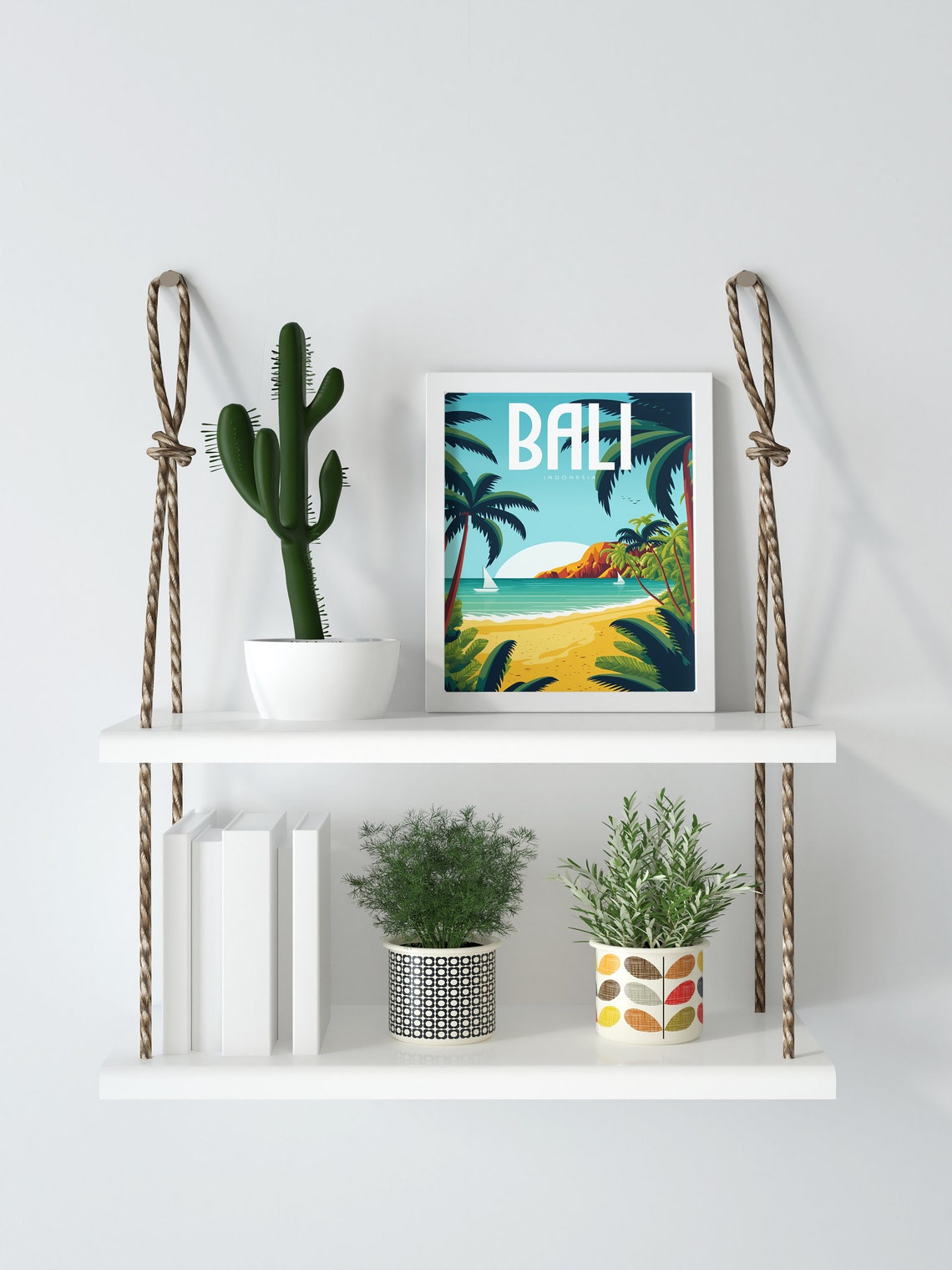Bali Indonesia Palm Trees Beach Sailboats Sunset Retro Travel Poster - Image 3