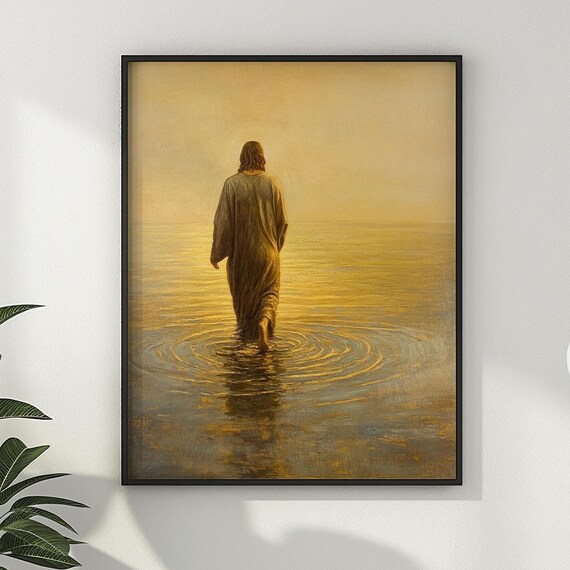 Jesus Christ Walking on Calm Water Sunset Golden Ripples Faith Poster