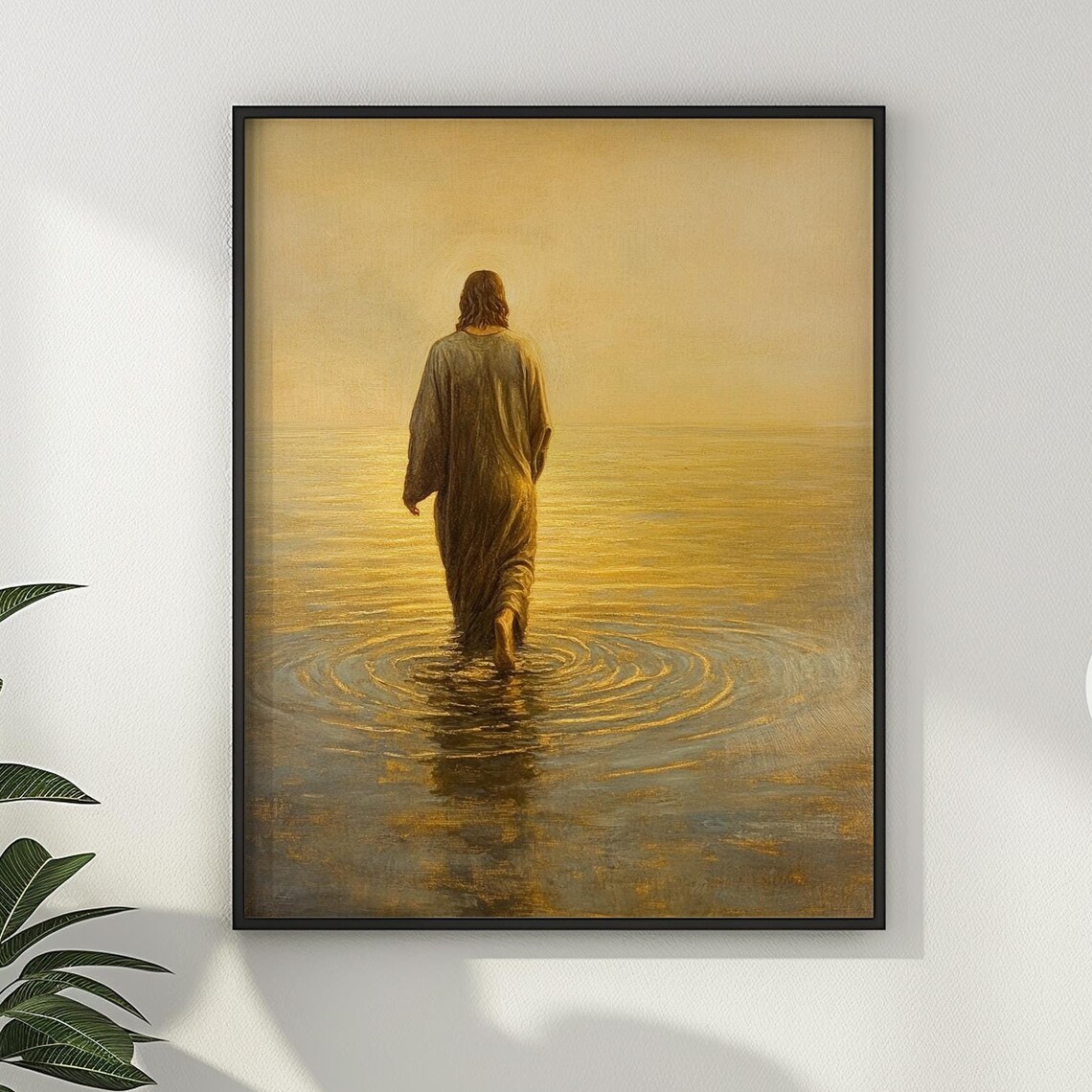 Jesus Christ Walking on Calm Water Sunset Golden Ripples Faith Poster