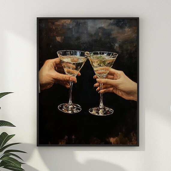 Two Martinis Clinking Moody Dark Bar Cheers Night Oil Painting Poster