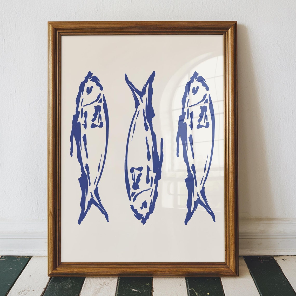 Blue Fish Trio Brushstroke Art Print Sardine Kitchen Nautical Wall Art