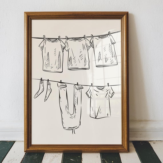Clothesline Sketch Laundry Room Minimalist Art Print