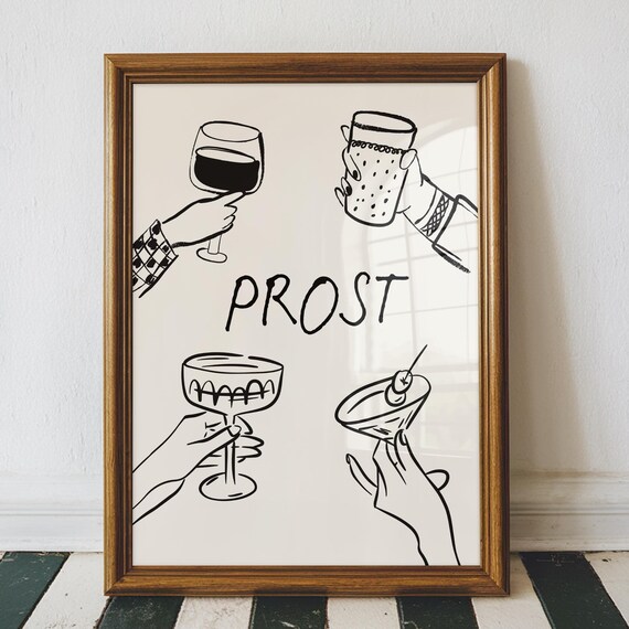 Prost Cheers Bar Print Hands Holding Wine Cocktail Sketch Wall Art
