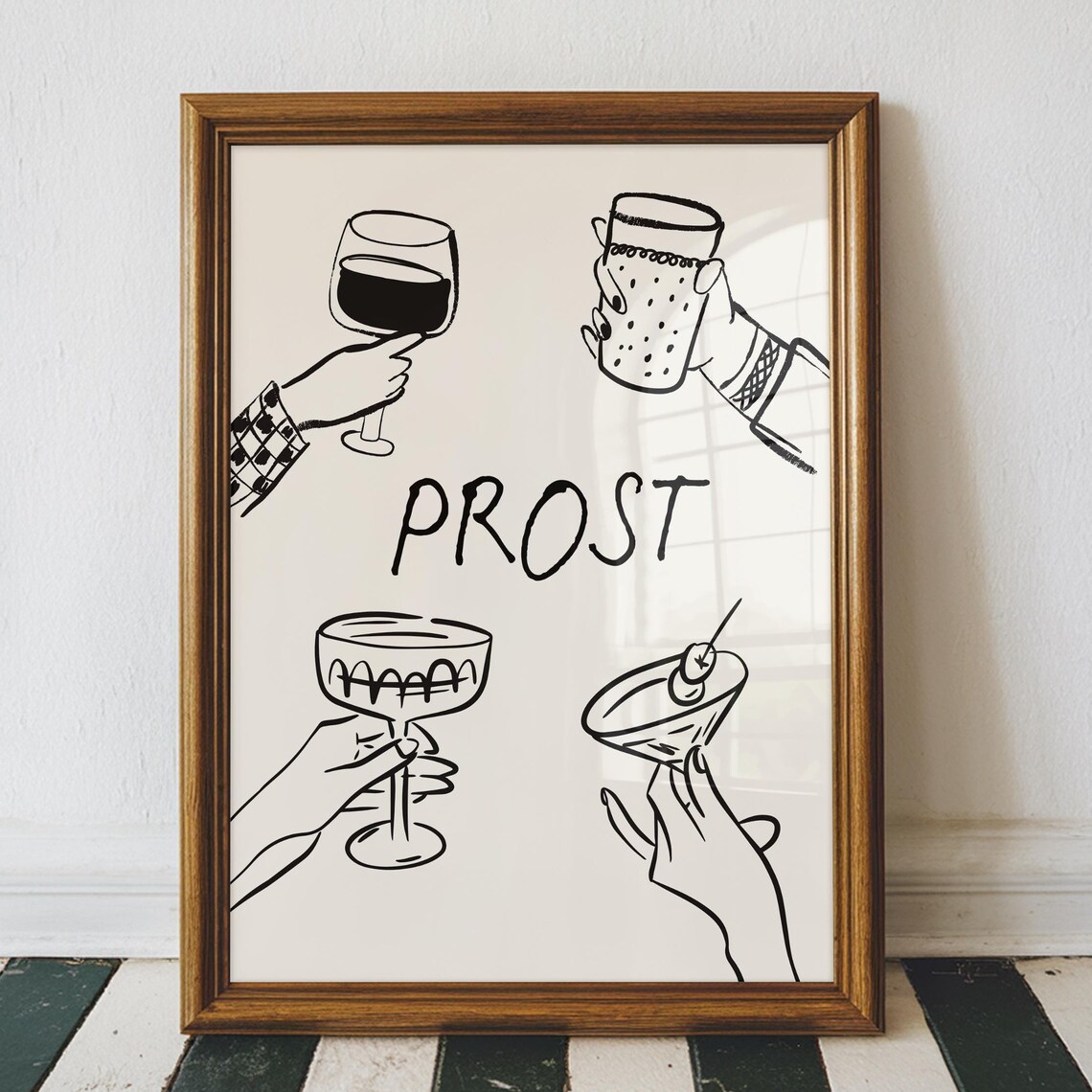 Prost Cheers Bar Print Hands Holding Wine Cocktail Sketch Wall Art