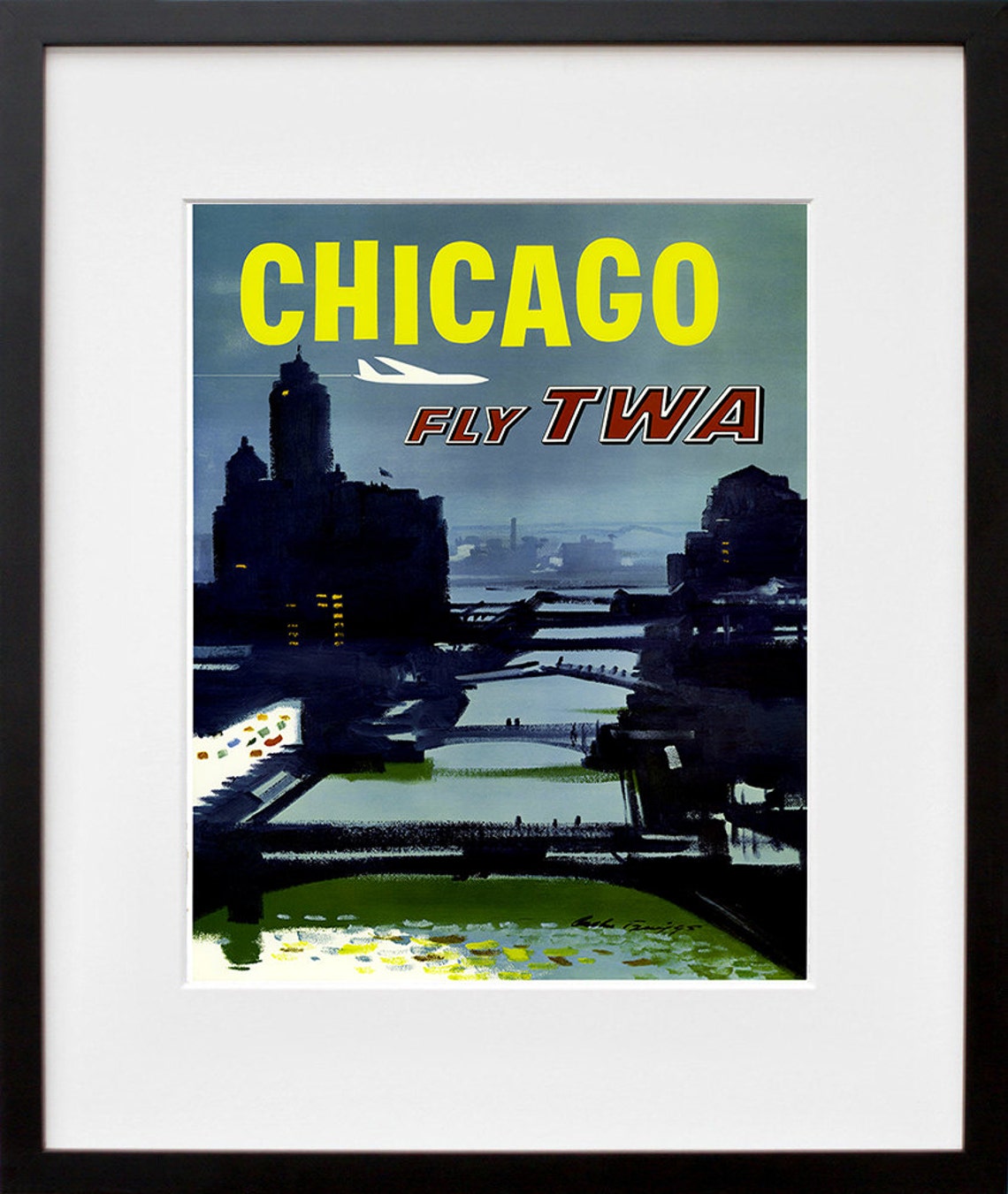 Chicago Fly TWA Vintage Airline Travel Poster Night River Skyline