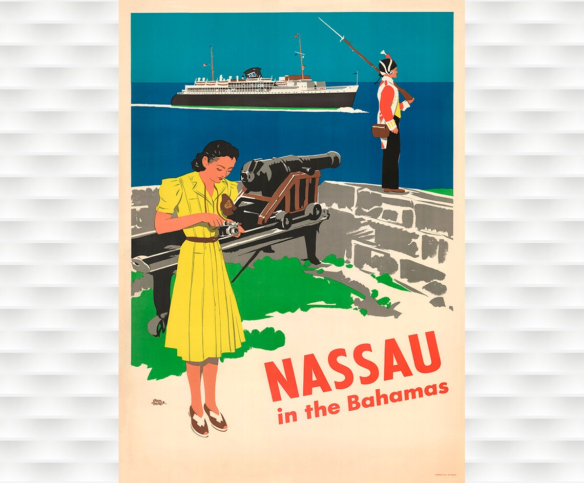 Nassau Bahamas Ocean Liner Fort Cannon Vintage Caribbean Travel Poster