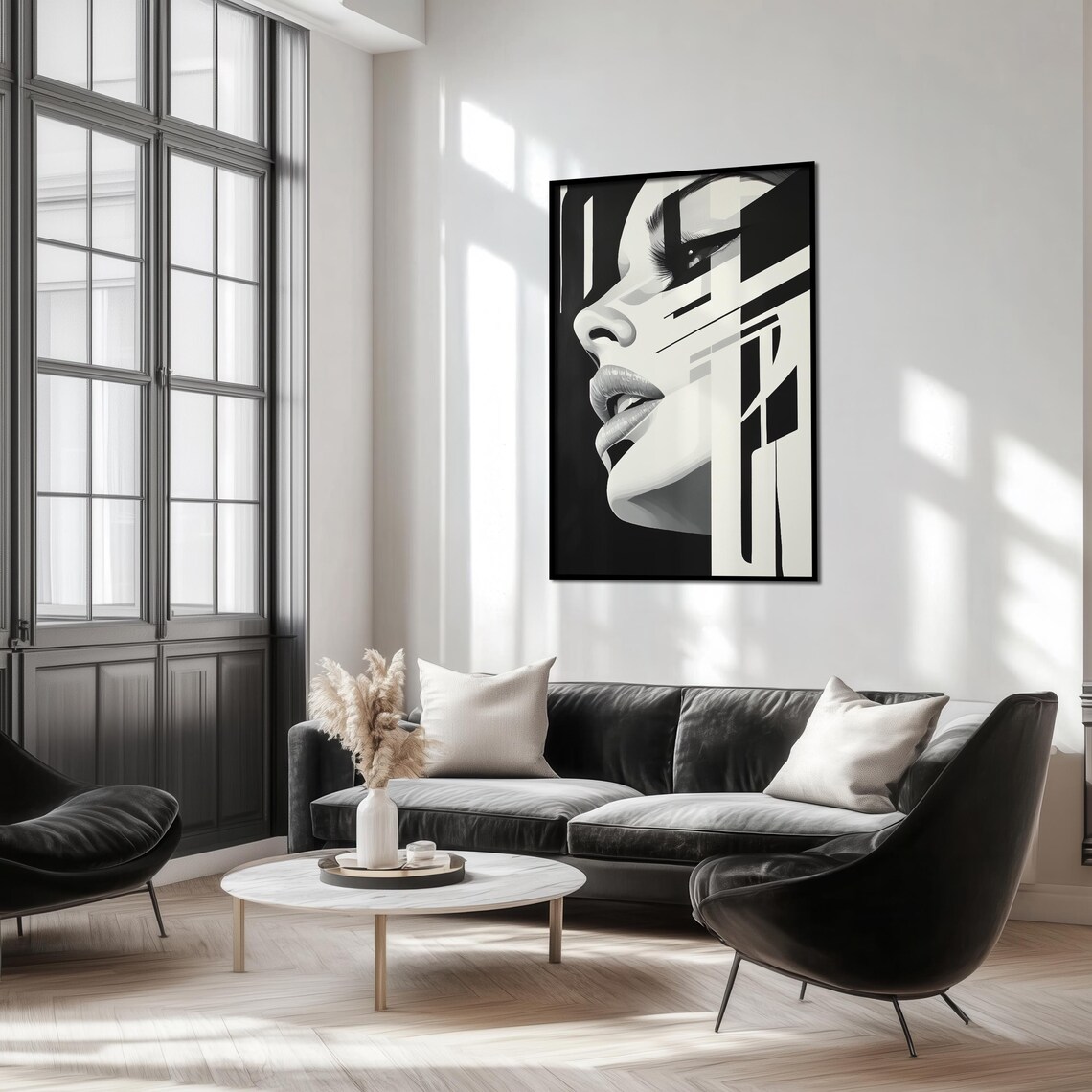 Abstract Woman's Profile Monochrome Geometric Modern Art Poster - Image 3
