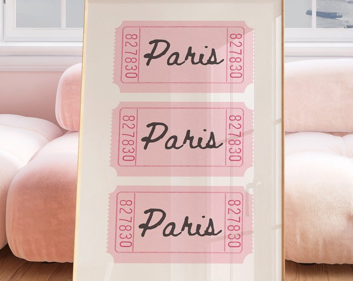Paris Pink Ticket Stubs Retro Cinema Travel Typography Wall Art