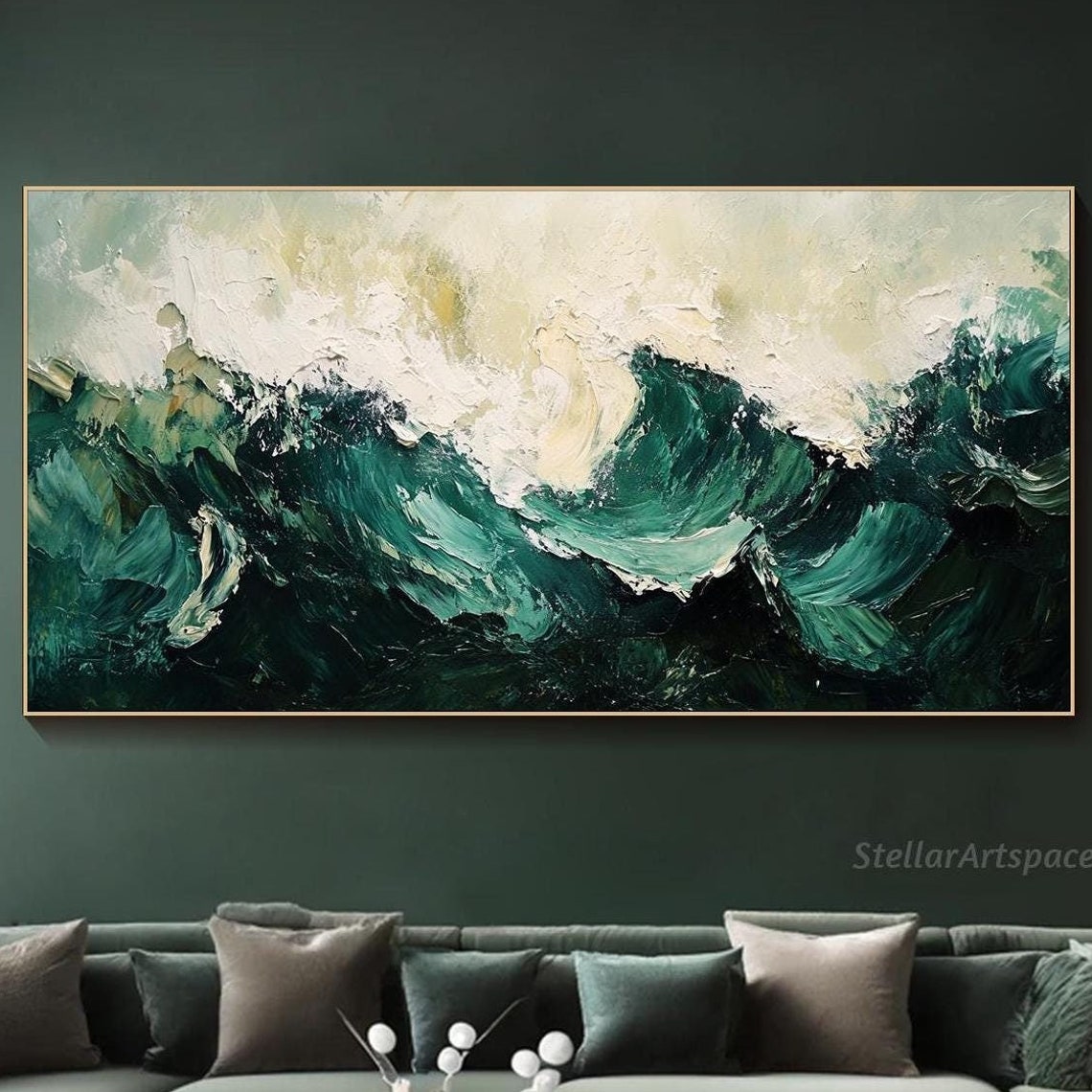Dark Emerald Ocean Waves White Foam Moody Textured Seascape Poster
