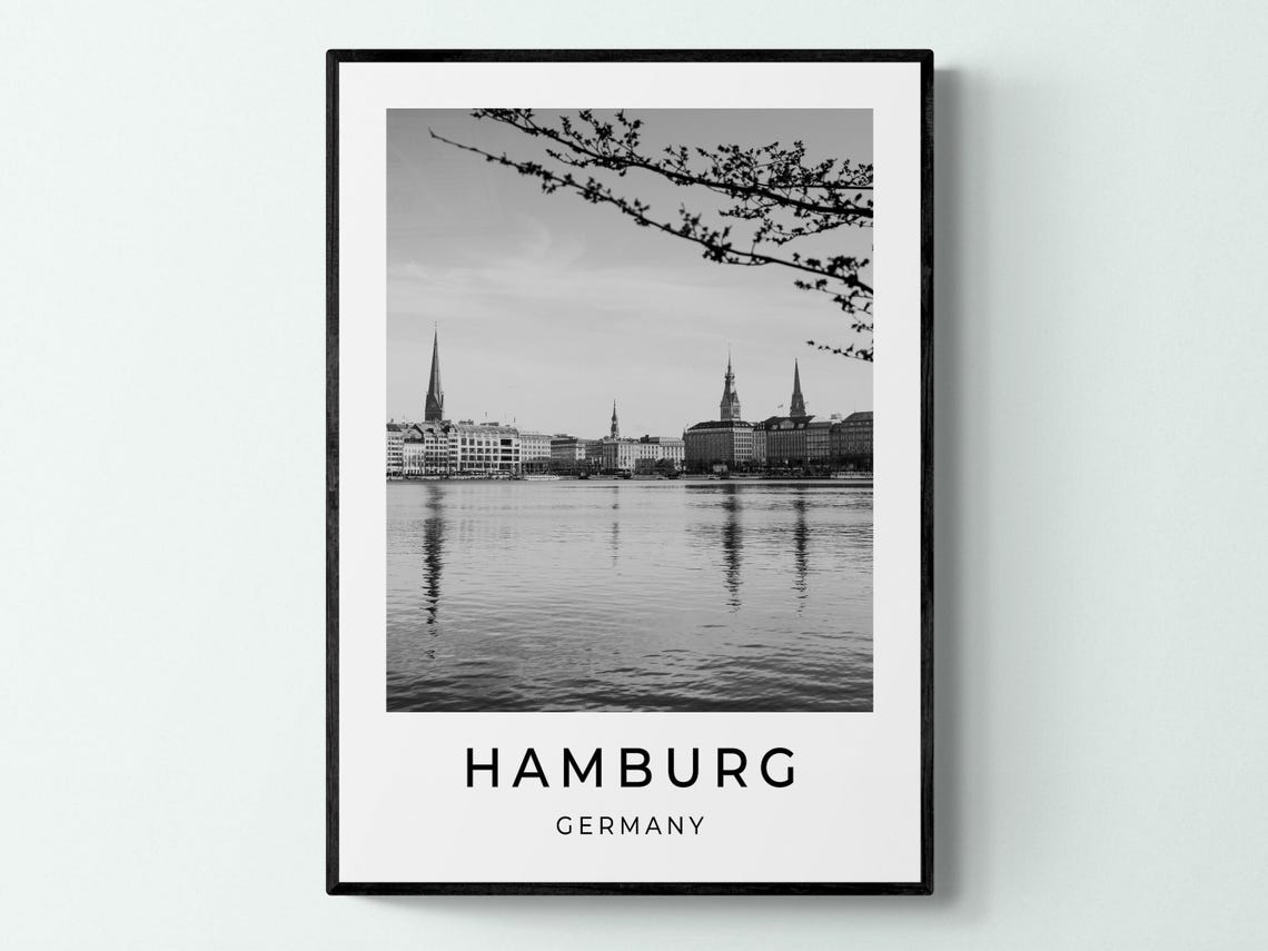 Hamburg Germany Alster Lake Skyline Church Spires Black White Poster