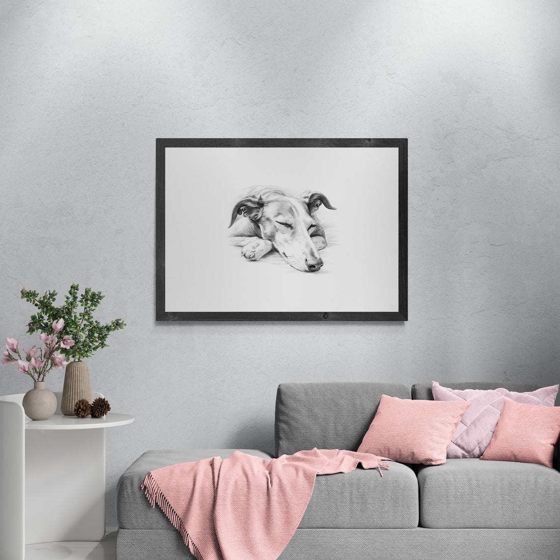 Sleeping Greyhound Dog Pencil Sketch Black White Farmhouse Print - Image 3