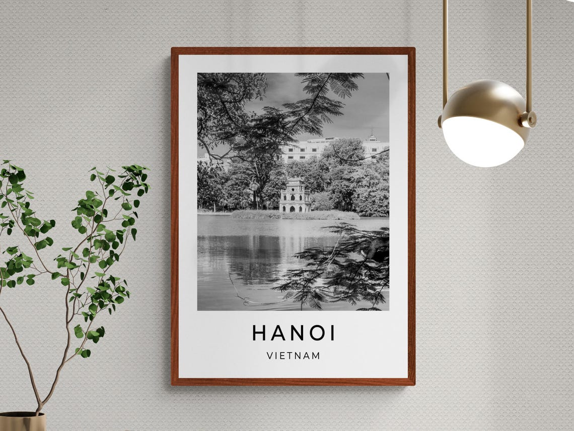 Hanoi Vietnam Hoan Kiem Lake Turtle Tower Black And White Poster - Image 3
