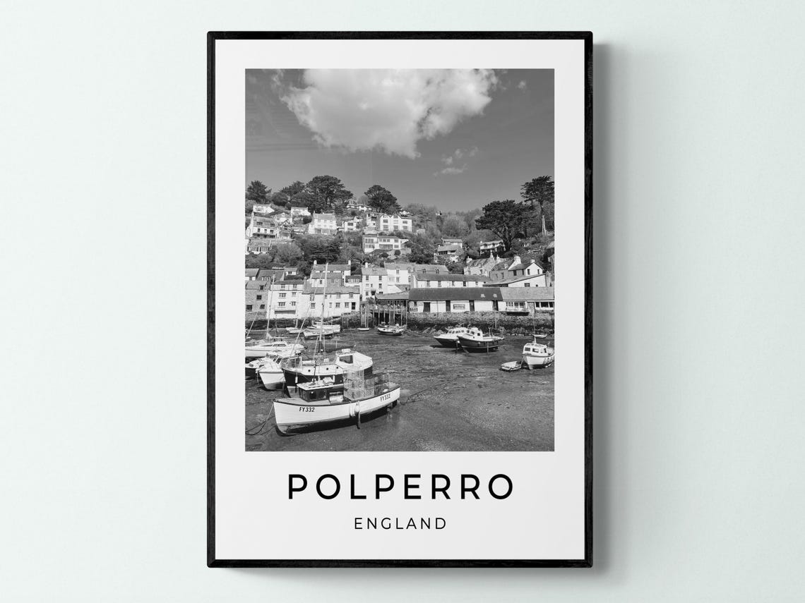 Polperro Cornwall England Low Tide Harbor Boats Village View Poster