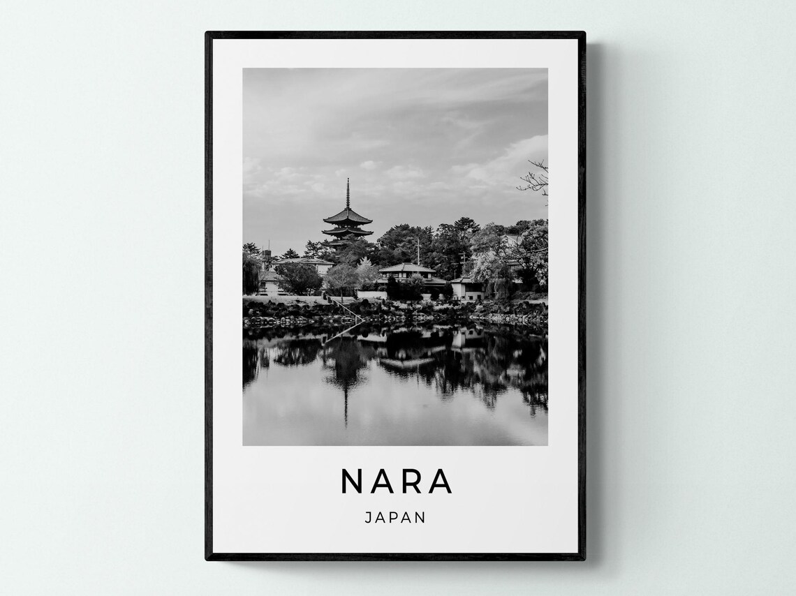 Nara Japan Pagoda Pond Reflection Serene Black White Travel Poster