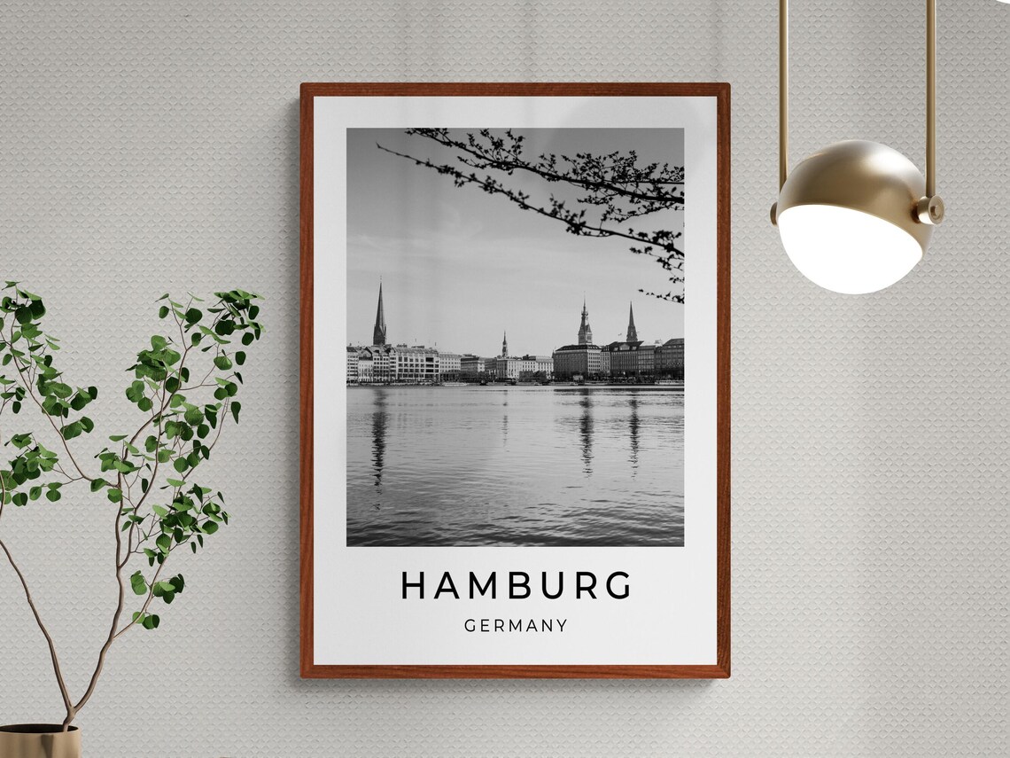 Hamburg Germany Alster Lake Skyline Church Spires Black White Poster - Image 3