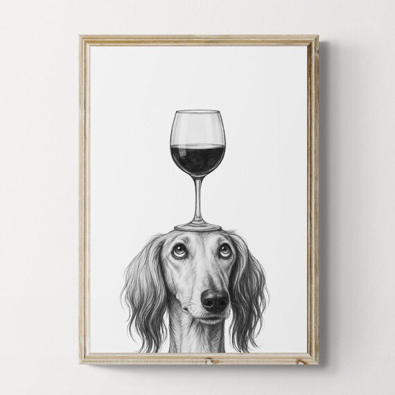 Saluki Dog Art Print Funny And Wine Drawing Lover Wall Decor Lovers Gifts