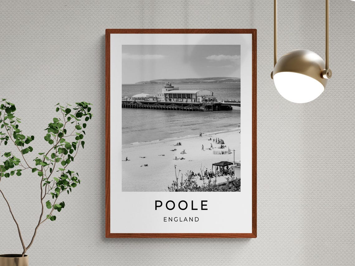 Poole England Beach Pier Sand And Sea Monochrome Travel Poster - Image 3