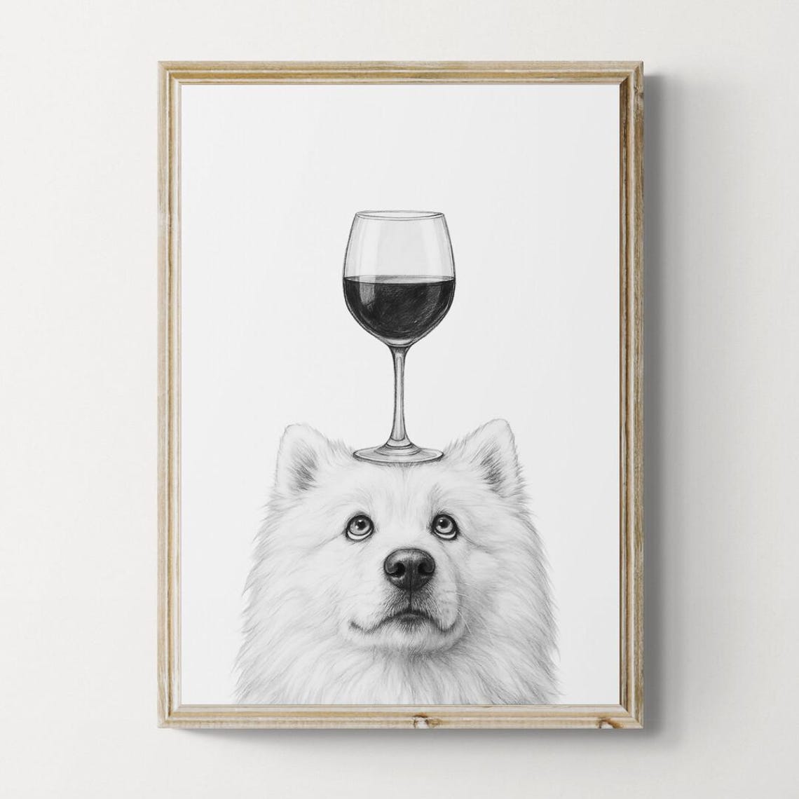 Samoyed Dog Balancing Wine Glass Playful Black White Art Poster