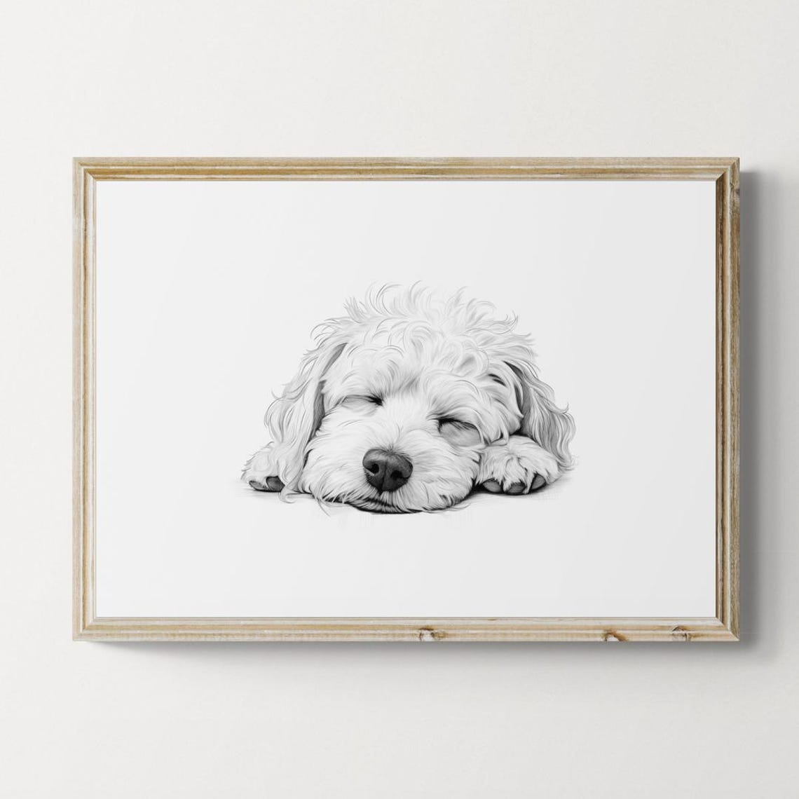 Adorable Sleeping White Puppy Sketch Nursery Dog Decor Poster