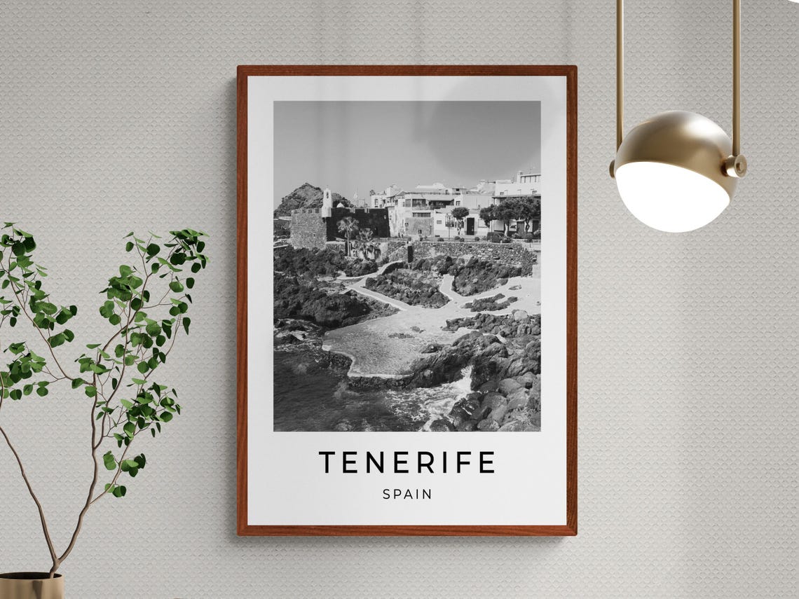 Tenerife Spain Rocky Coastline Castle View Black White Travel Poster - Image 3