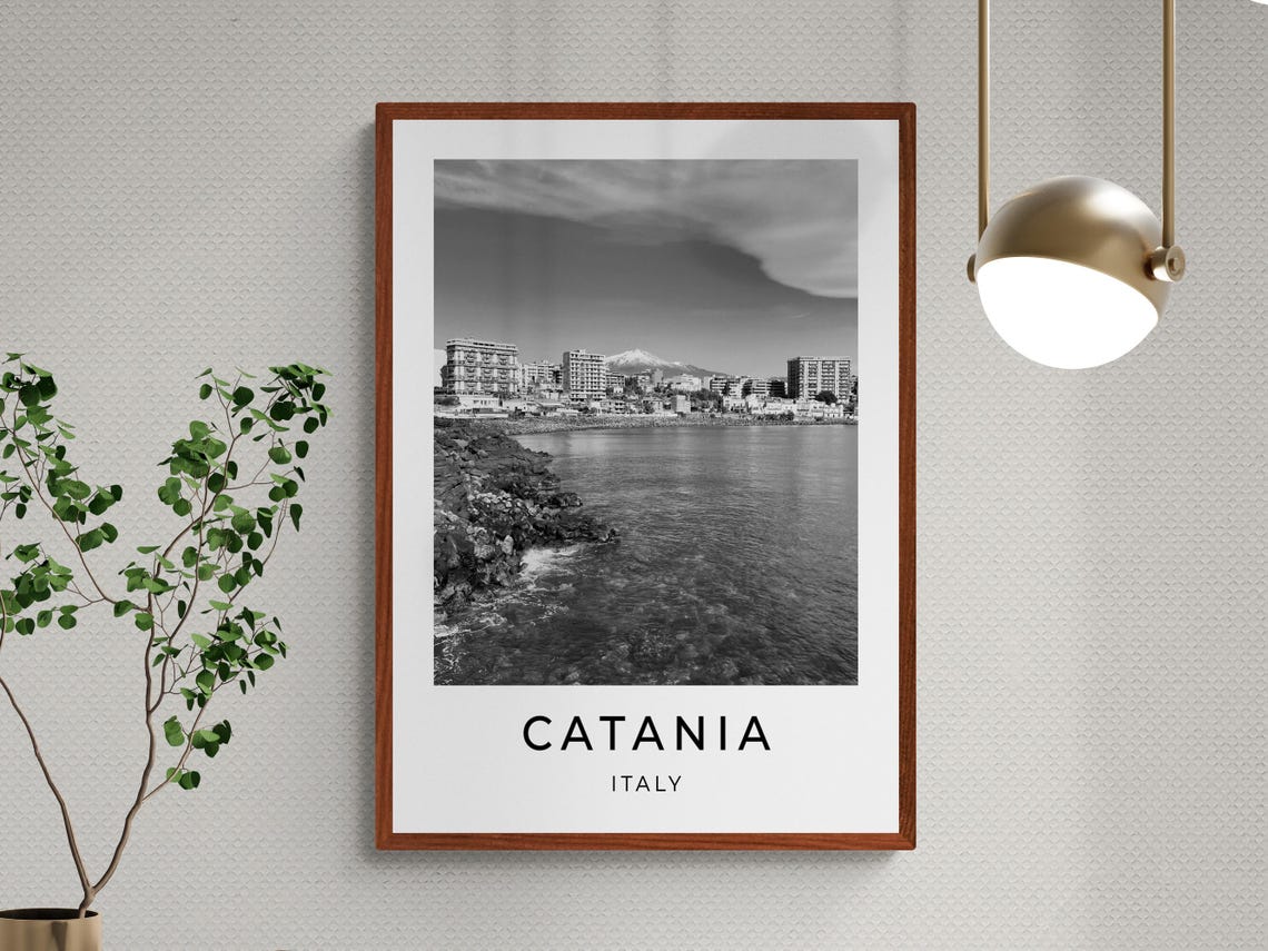 Catania Italy Mount Etna Coastline Black And White Travel Poster - Image 3