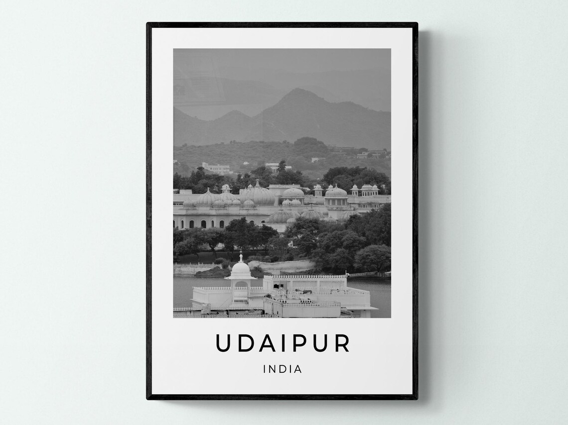 Udaipur India Lake Pichola Palace Domes Black White City Poster