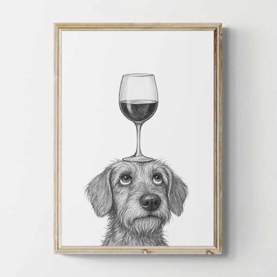 Wire Haired Dachshund Dog Art Print Funny And Wine Drawing Lover Wall Decor Lovers Gifts