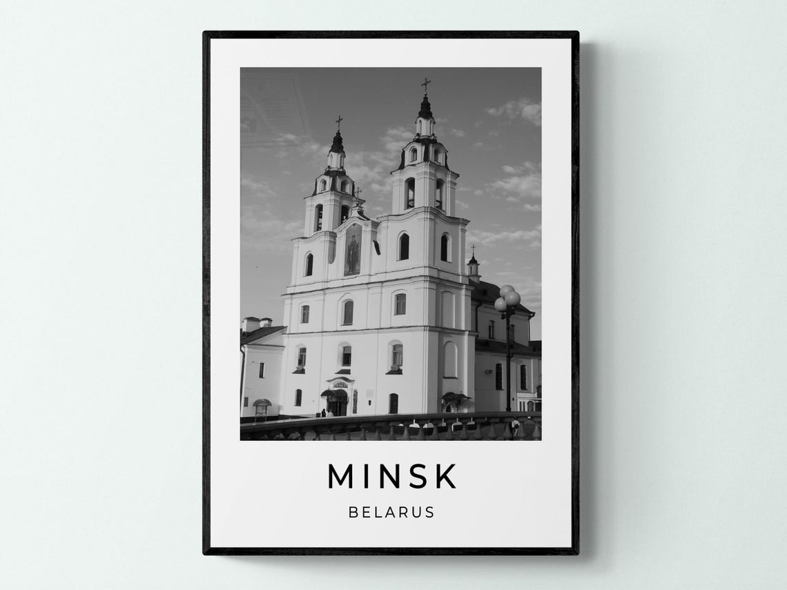 Minsk Belarus Twin Tower Orthodox Cathedral Black White City Poster
