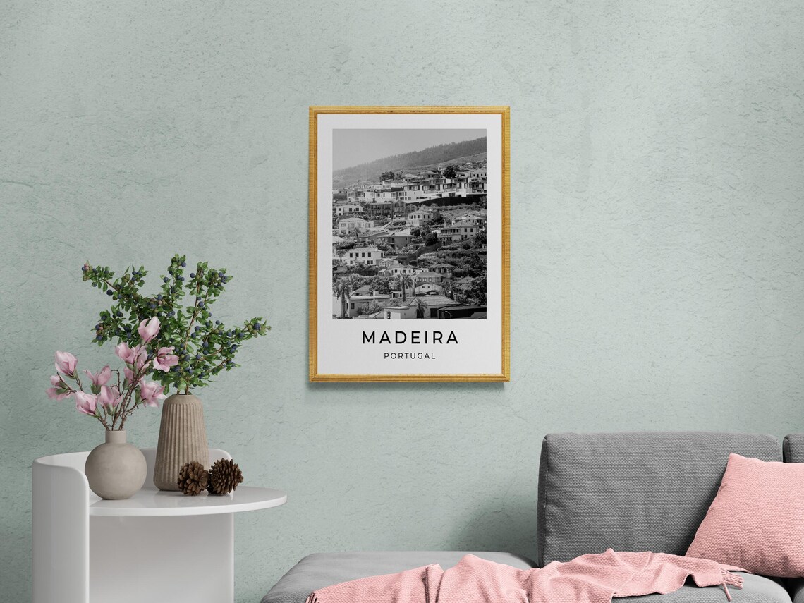 Madeira Portugal Hillside Village Terraced Houses Monochrome Poster - Image 2