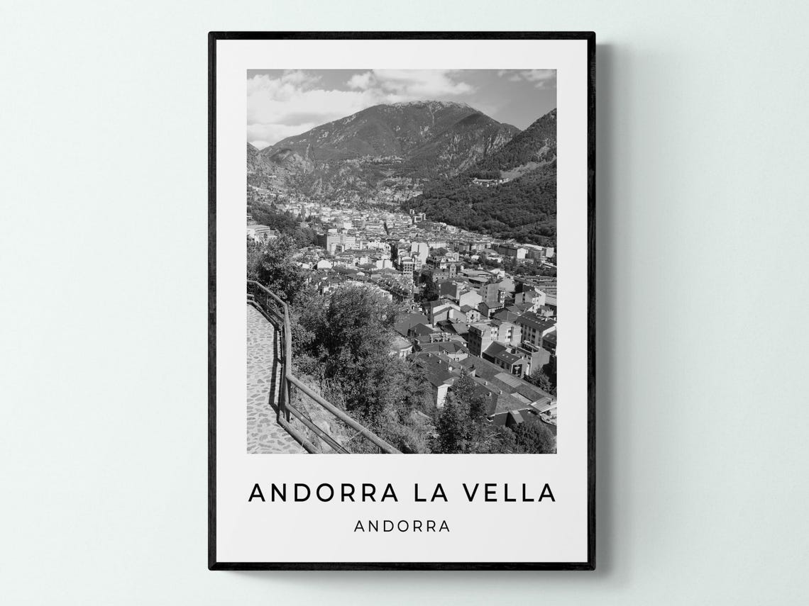 Andorra La Vella Mountain Valley Scenic Black White Travel Poster