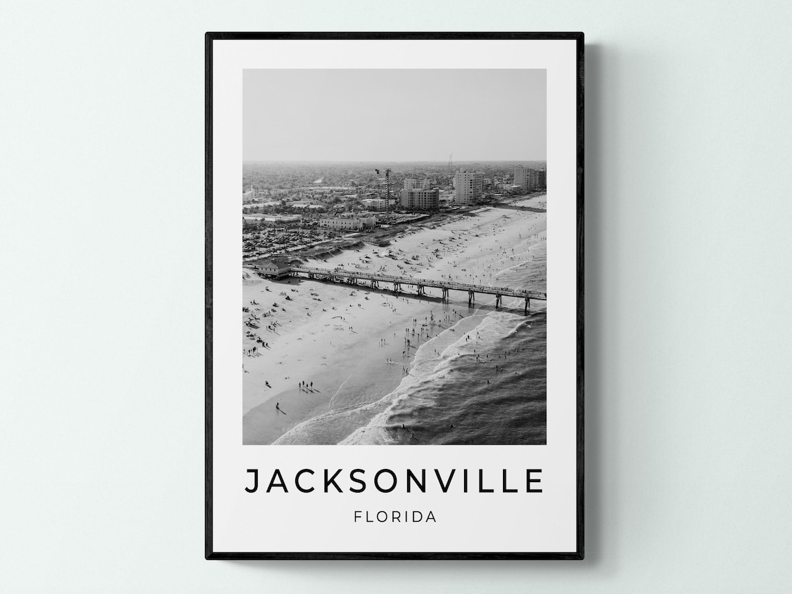 Jacksonville Florida Beach Pier Aerial Black And White Coastal Poster