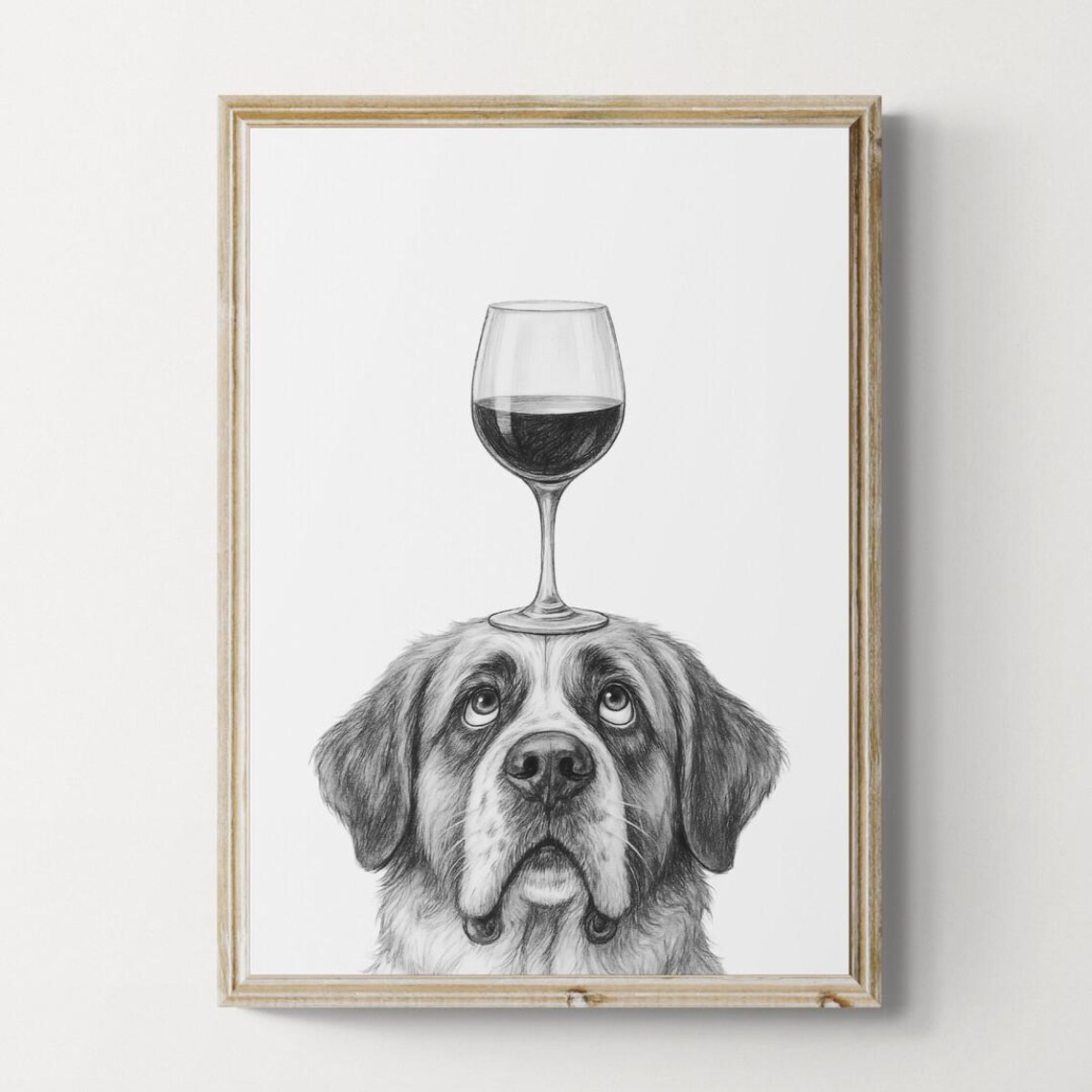 Saint Bernard Dog Art Print Funny And Wine Drawing Lover Wall Decor Lovers Gifts