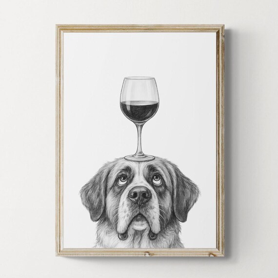 Saint Bernard Dog Art Print Funny And Wine Drawing Lover Wall Decor Lovers Gifts