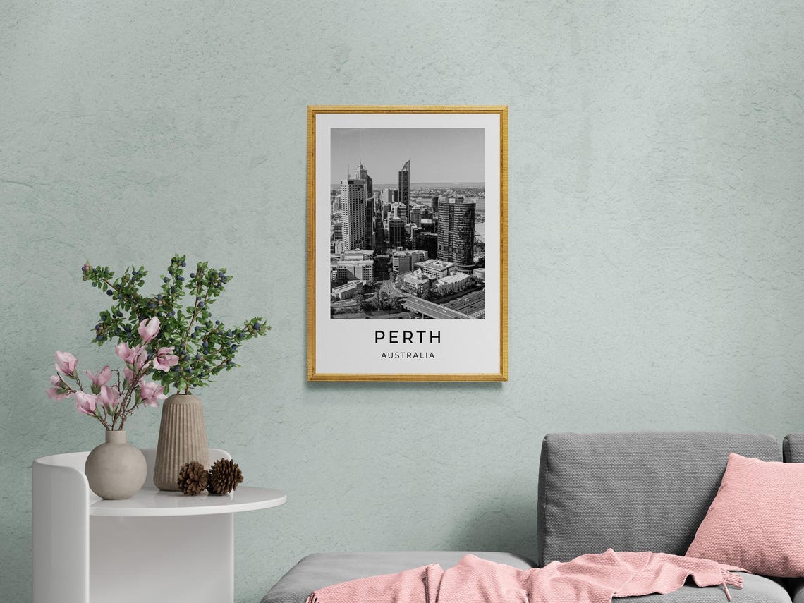 Perth Australia Downtown Aerial Skyline Black White City Poster - Image 2