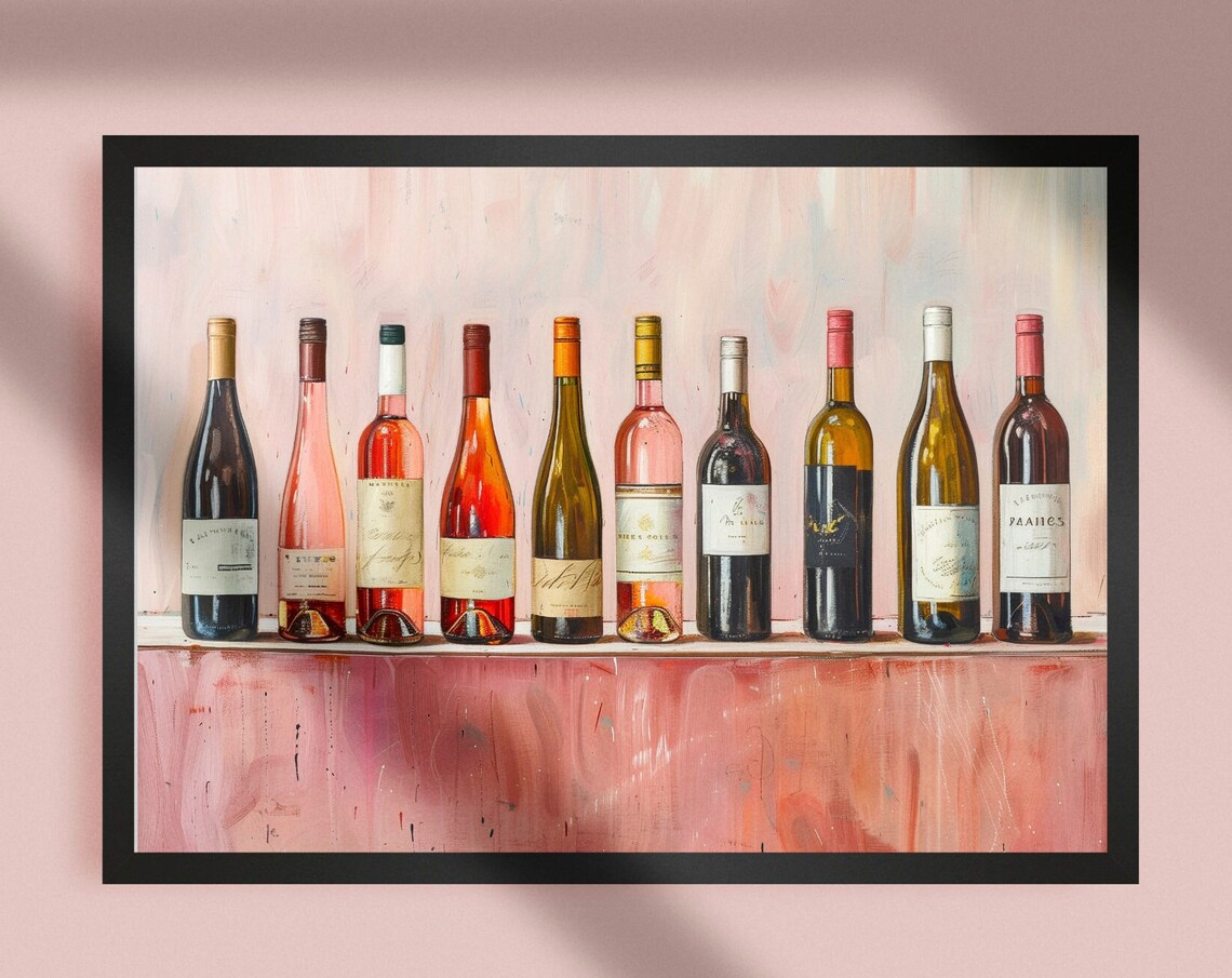 Ten Wine Bottles in a Row on a Pink Shelf Bar Cart Kitchen Art Poster