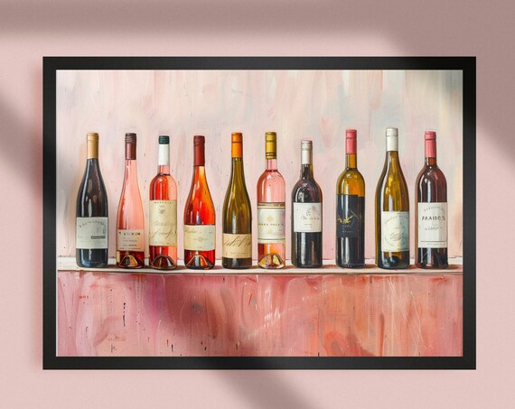 Ten Wine Bottles in a Row on a Pink Shelf Bar Cart Kitchen Art Poster