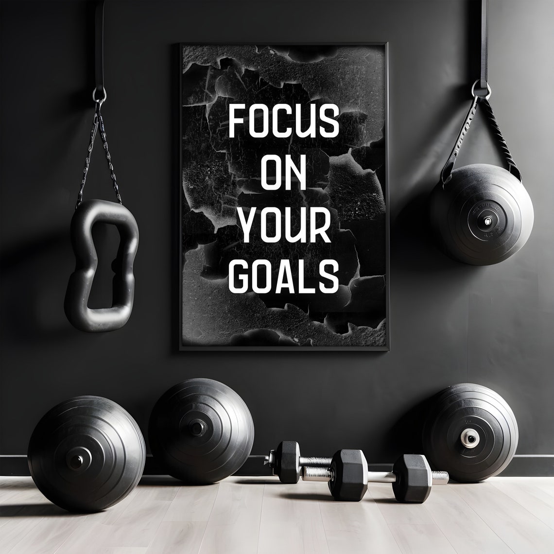 Focus On Your Goals White Text Marble Crack Black Gym Poster - Image 2